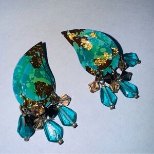 MAM VINTAGE 80’s TEARDROP CLIP ON’s EARRINGS HAND PAINTED TURQUOISE AND GREEN